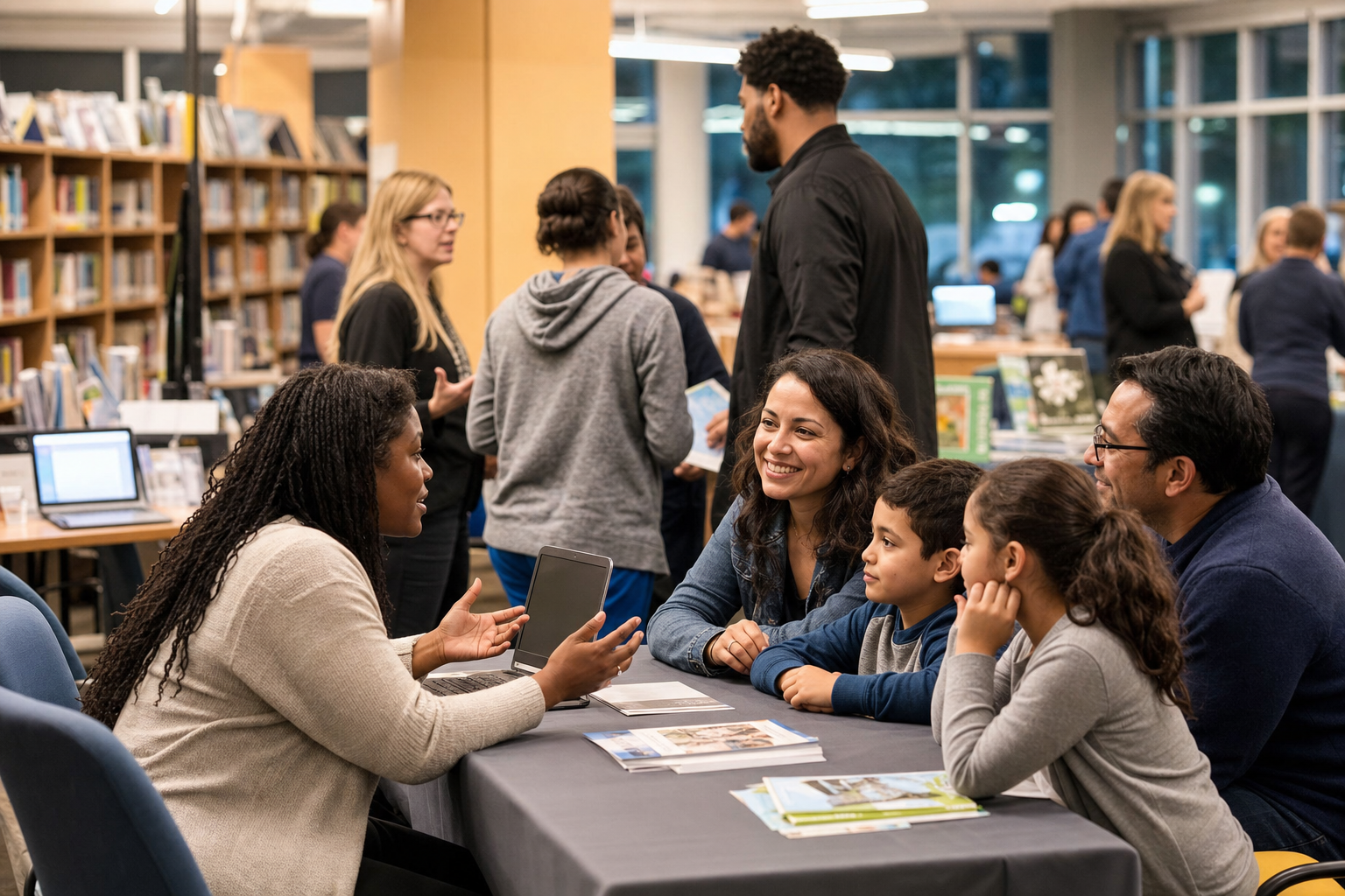 Families meeting with school staff at enrollment information tables.
